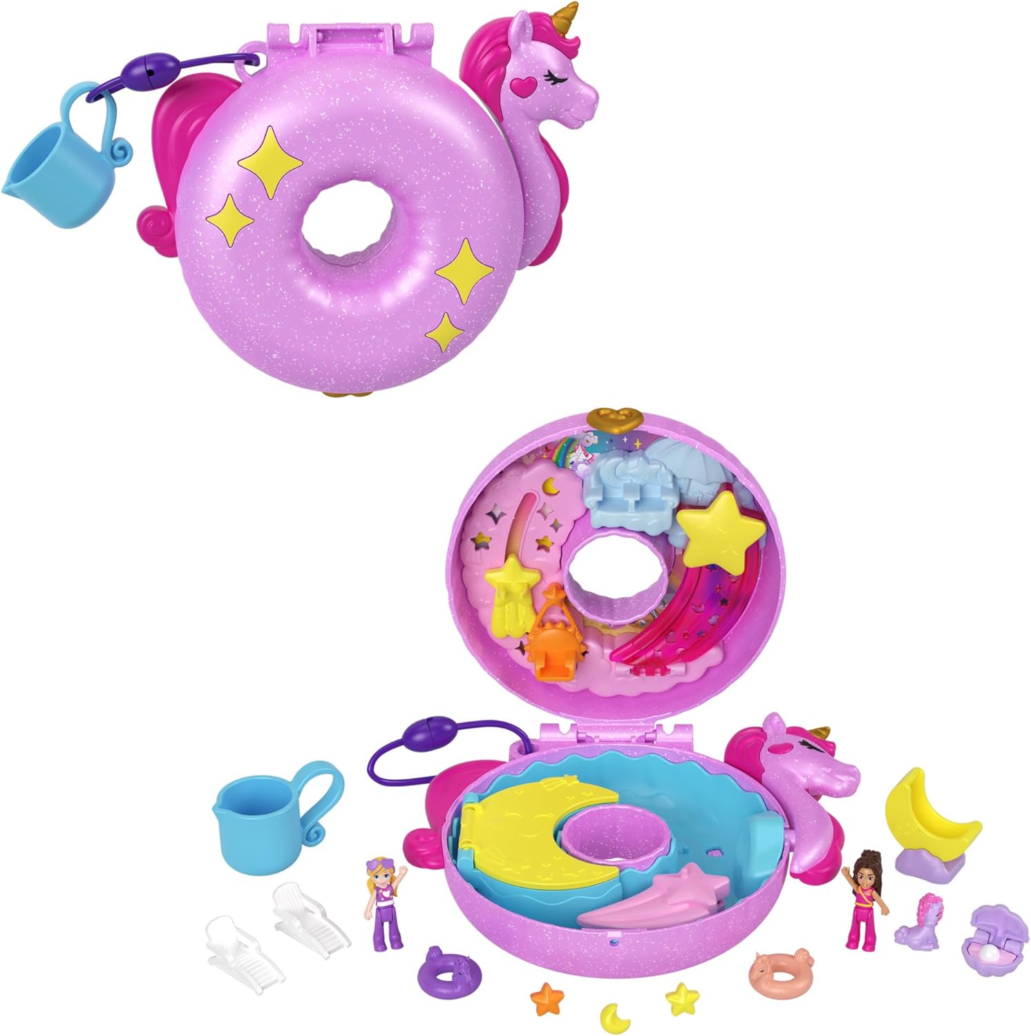 Mattel Polly Pocket: Aventură în Sparkle Cove - Unicorn compact pe pernă gonflabilă (HKV34)