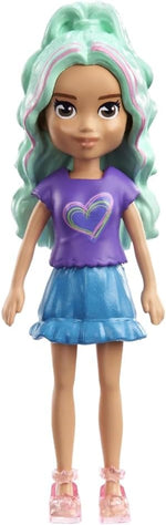 Mattel Polly Pocket Impulse – Păpușă cu cămașă violet și fustă albastră (HKV81)