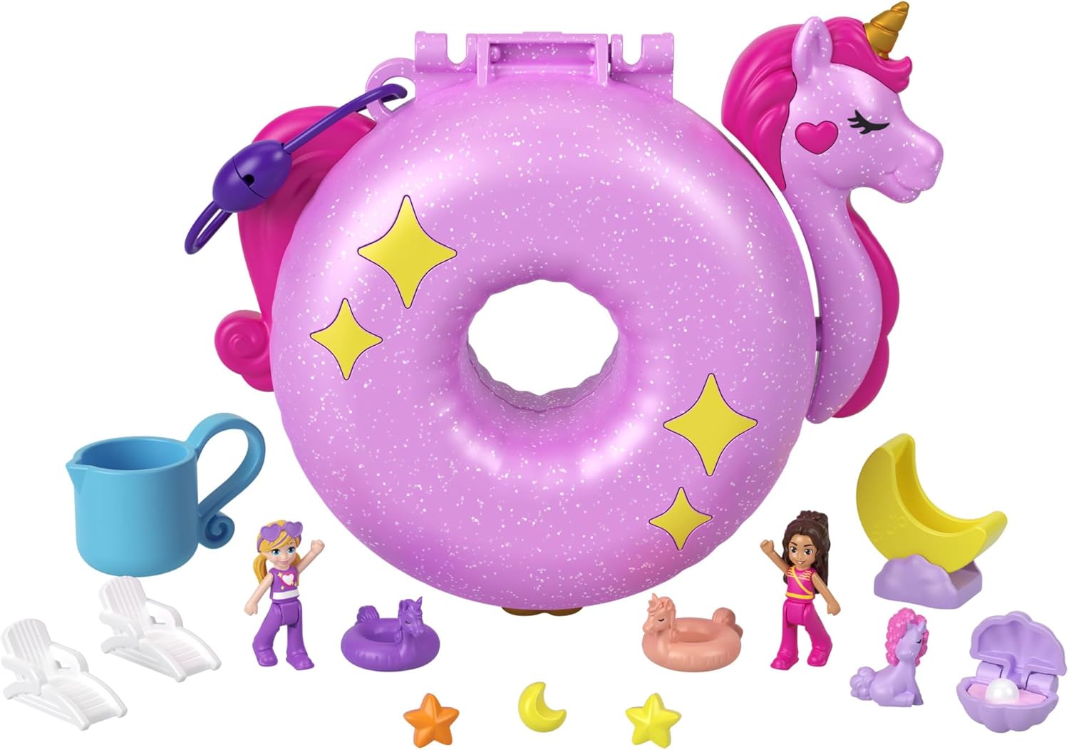 Mattel Polly Pocket: Aventură în Sparkle Cove - Unicorn compact pe pernă gonflabilă (HKV34)
