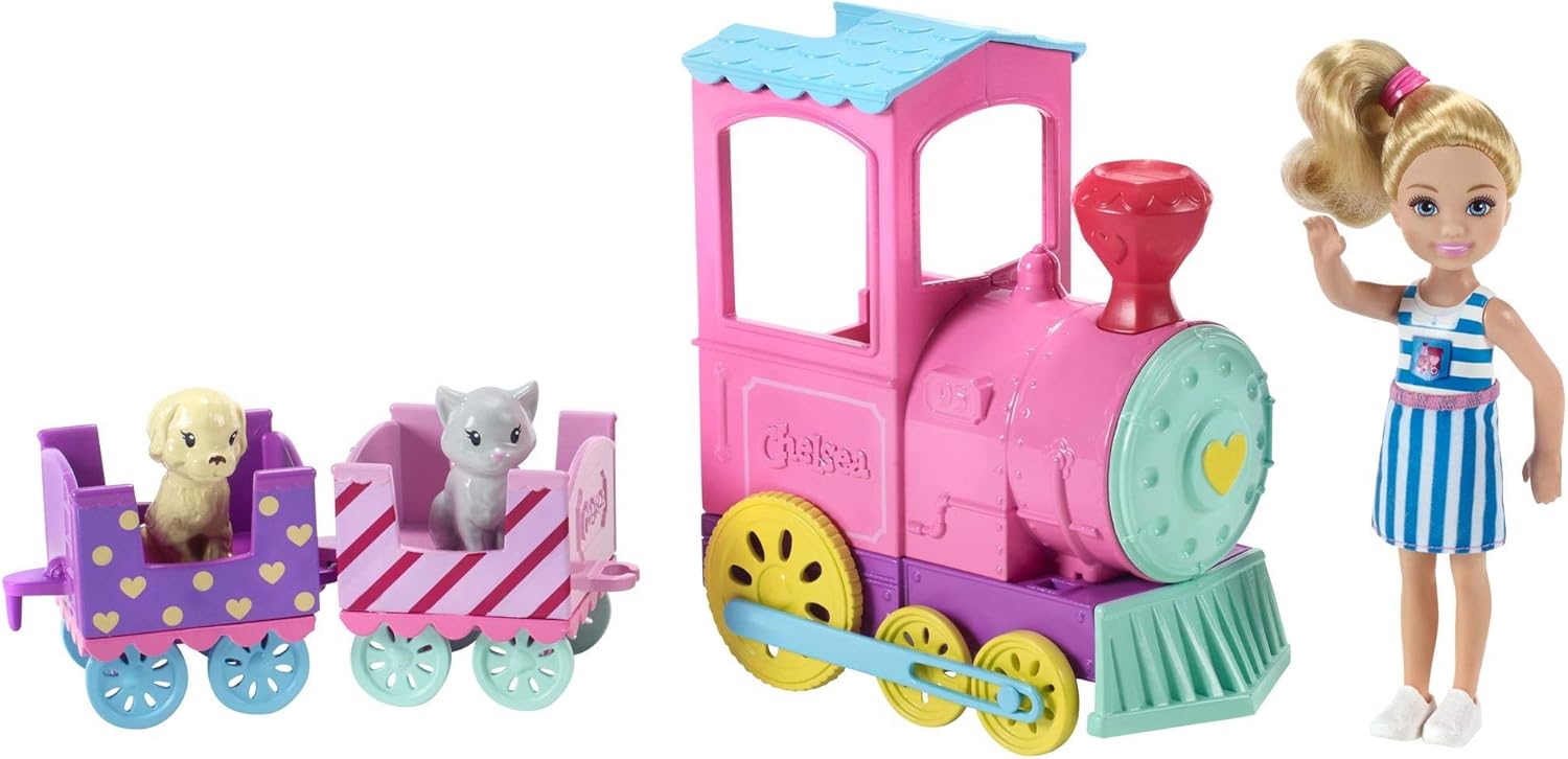Barbie Chelsea Choo-Choo tren cu păpușă, set colorat de joacă cu accesorii (FRL86)